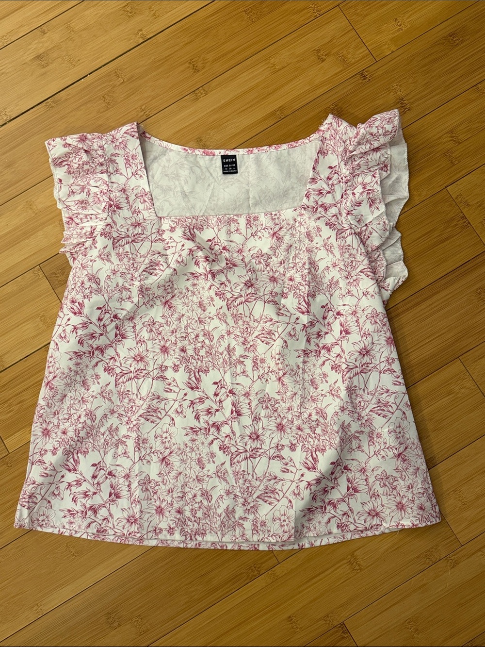 White Blouse with Pink Floral Print and Ruffle Sleeves